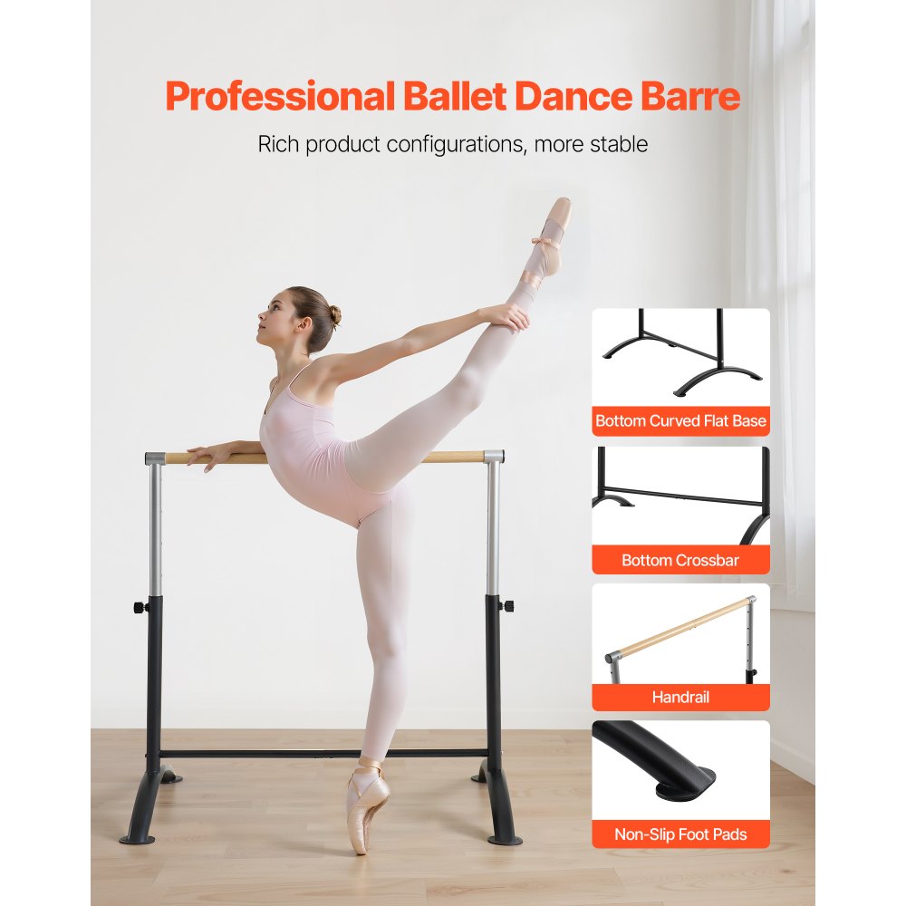 VEVOR Ballet Barre, 4 Ft Barre Bar for Home, Freestanding Portable Ballet Stretching Dance Bars, Height Adjustable Anti-Wobble Fitness Gym Studio Equipment, for Pilates Balance Workout