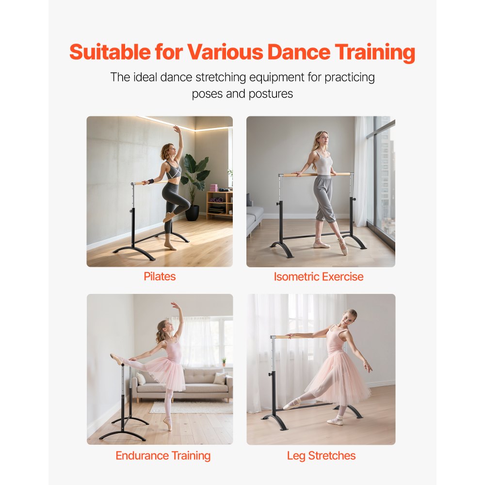 VEVOR Ballet Barre, 4 Ft Barre Bar for Home, Freestanding Portable Ballet Stretching Dance Bars, Height Adjustable Anti-Wobble Fitness Gym Studio Equipment, for Pilates Balance Workout