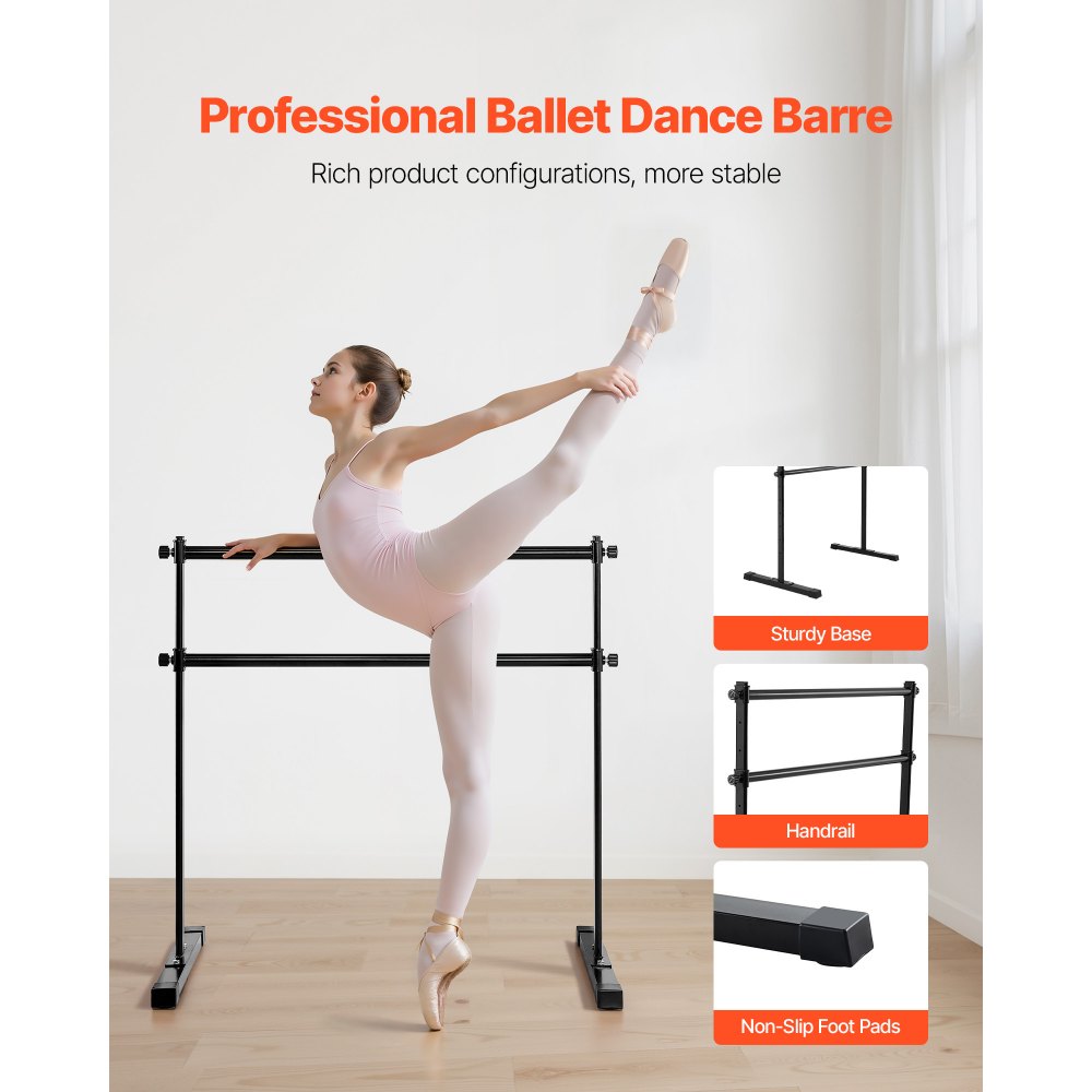 VEVOR Ballet Barre, 4 Ft Double Barre Bar for Home, Freestanding Portable Ballet Stretching Dance Bars, Height Adjustable Anti-Wobble Fitness Studio Equipment, for Pilates Balance Workout