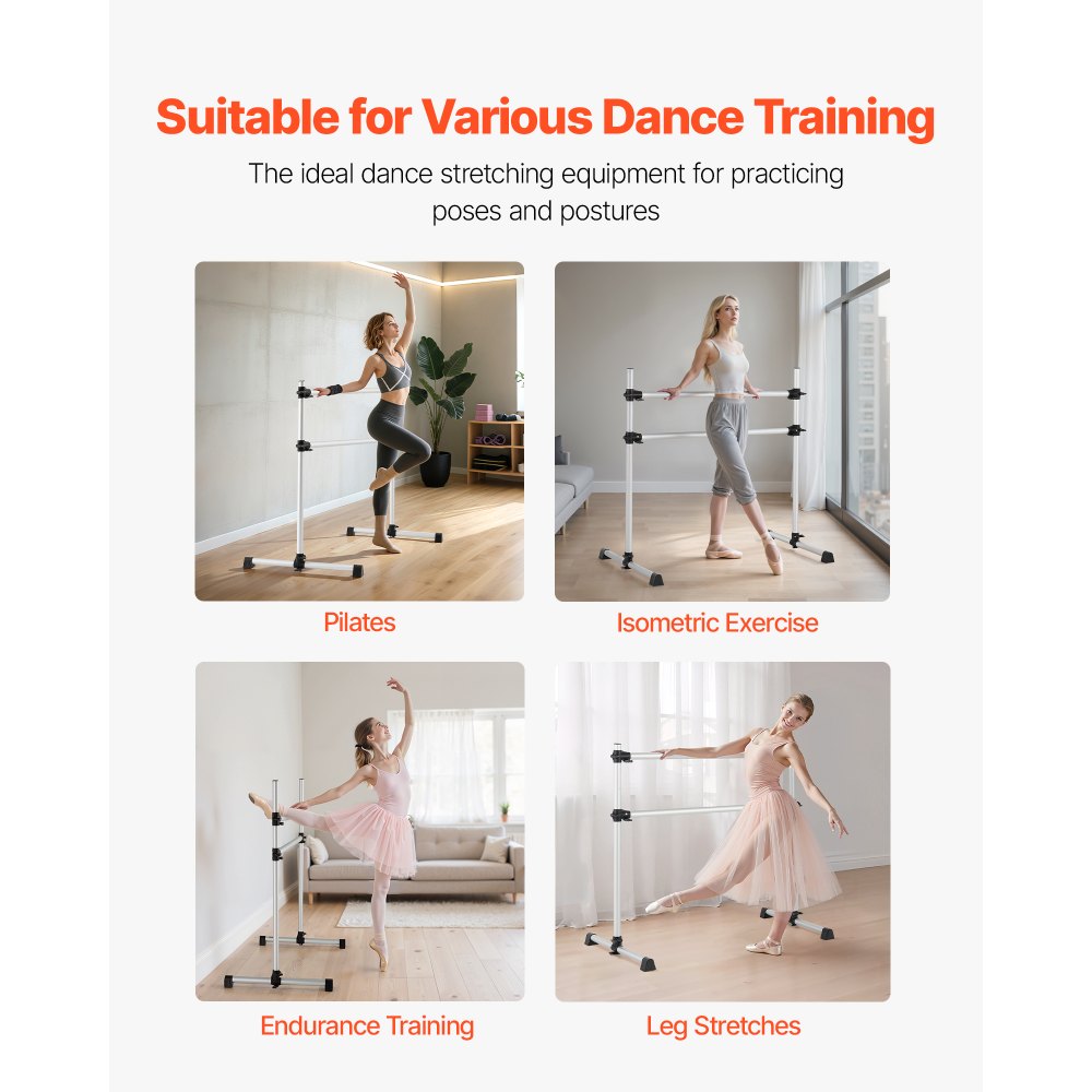 VEVOR Ballet Barre, 4 Ft Aluminum Double Barre Bar for Home, Freestanding Portable Ballet Stretching Dance Bars, Height Adjustable Anti-Wobble Fitness Studio Equipment, for Pilates Balance Workout