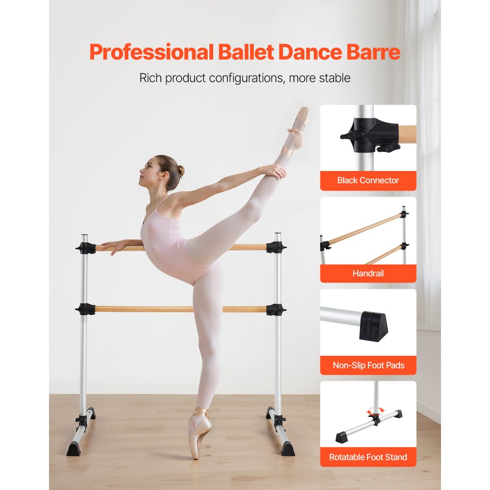VEVOR Ballet Barre, 4 Ft Double Beechwood Barre Bar for Home, Freestanding Portable Ballet Stretching Dance Bars, Height Adjustable Anti-Wobble Fitness Gym Equipment, for Pilates Balance Workout