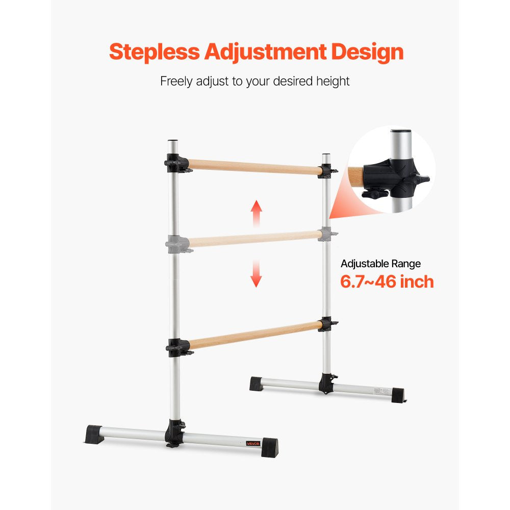 VEVOR Ballet Barre, 4 Ft Double Beechwood Barre Bar for Home, Freestanding Portable Ballet Stretching Dance Bars, Height Adjustable Anti-Wobble Fitness Gym Equipment, for Pilates Balance Workout