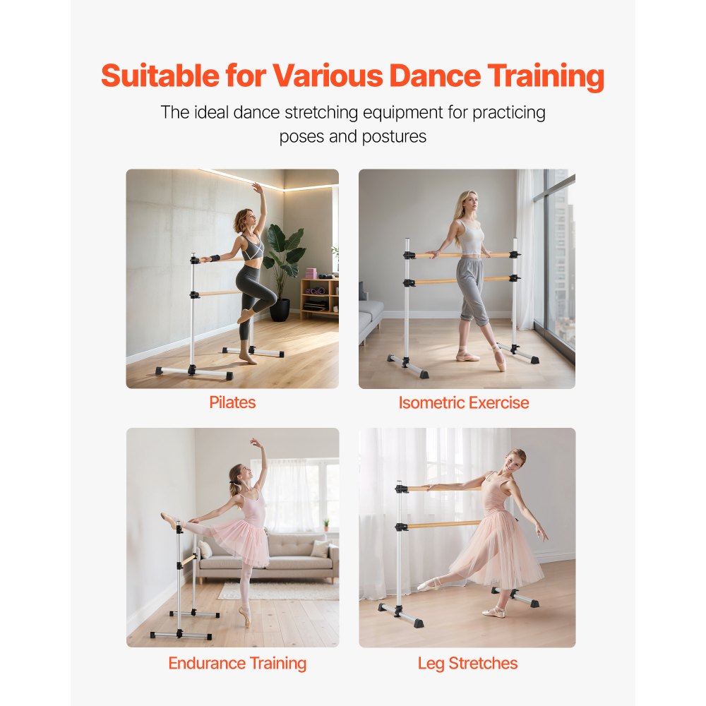 VEVOR Ballet Barre, 4 Ft Double Beechwood Barre Bar for Home, Freestanding Portable Ballet Stretching Dance Bars, Height Adjustable Anti-Wobble Fitness Gym Equipment, for Pilates Balance Workout