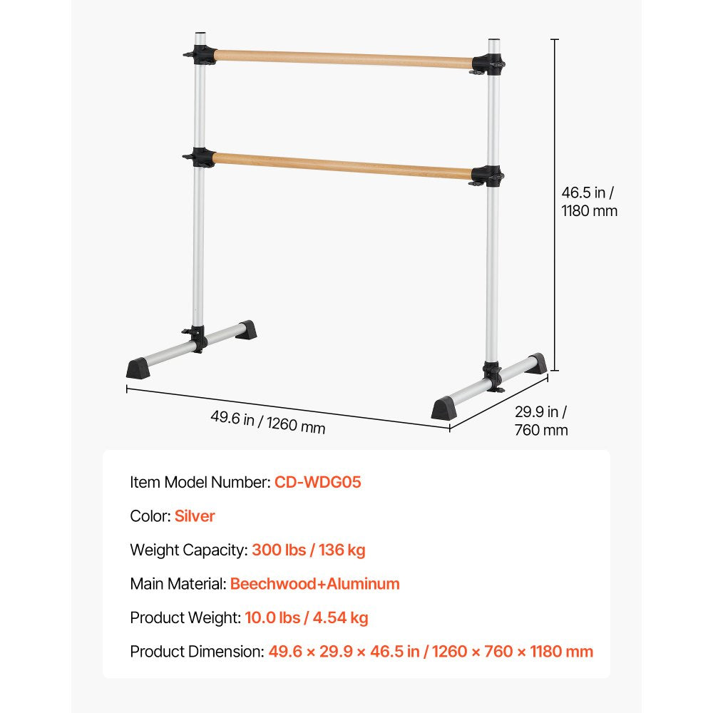 VEVOR Ballet Barre, 4 Ft Double Beechwood Barre Bar for Home, Freestanding Portable Ballet Stretching Dance Bars, Height Adjustable Anti-Wobble Fitness Gym Equipment, for Pilates Balance Workout