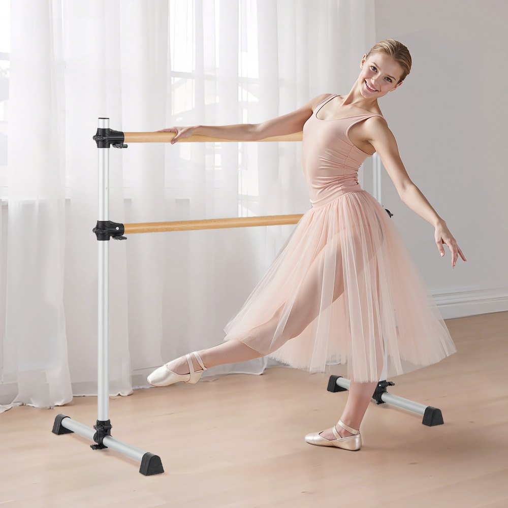 VEVOR Ballet Barre, 4 Ft Double Beechwood Barre Bar for Home, Freestanding Portable Ballet Stretching Dance Bars, Height Adjustable Anti-Wobble Fitness Gym Equipment, for Pilates Balance Workout