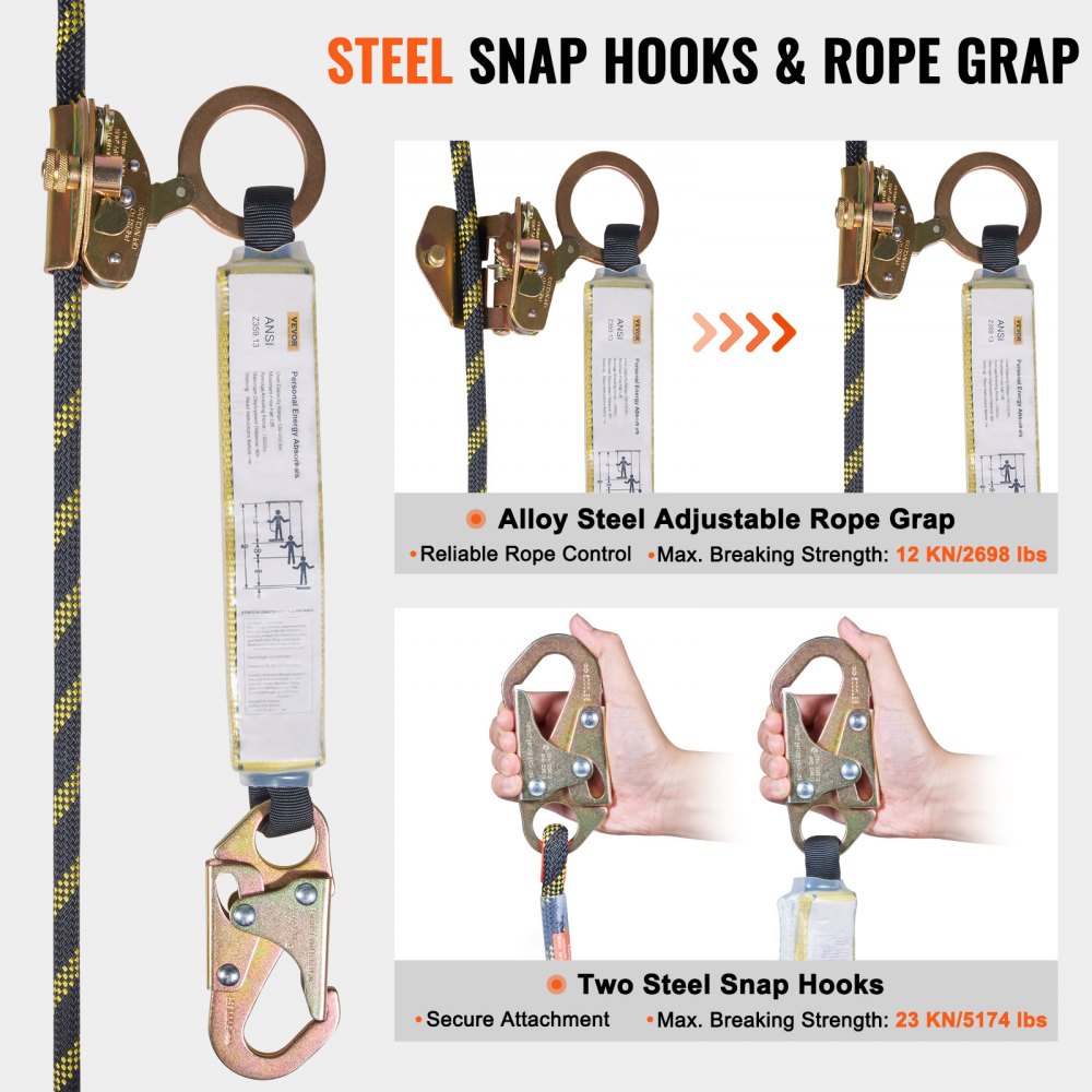 VEVOR Vertical Lifeline Assembly, 0.55'' x 100' Fall Protection Rope with 30 KN Breaking Tension, Polyester Roofing Rope with Steel Snap Hooks, Rope Grab, and Shock Absorber, ANSI Compliant