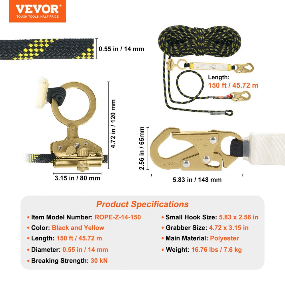VEVOR Vertical Lifeline, 150ft (45.7m) Outdoor Climbing Rope 30KN Breaking Tension, Static Rock Climbing Rope with Steel Snap Hooks and Rope Grap, for Escape, Outdoor Adventures, and Lumbering, Black & Yellow