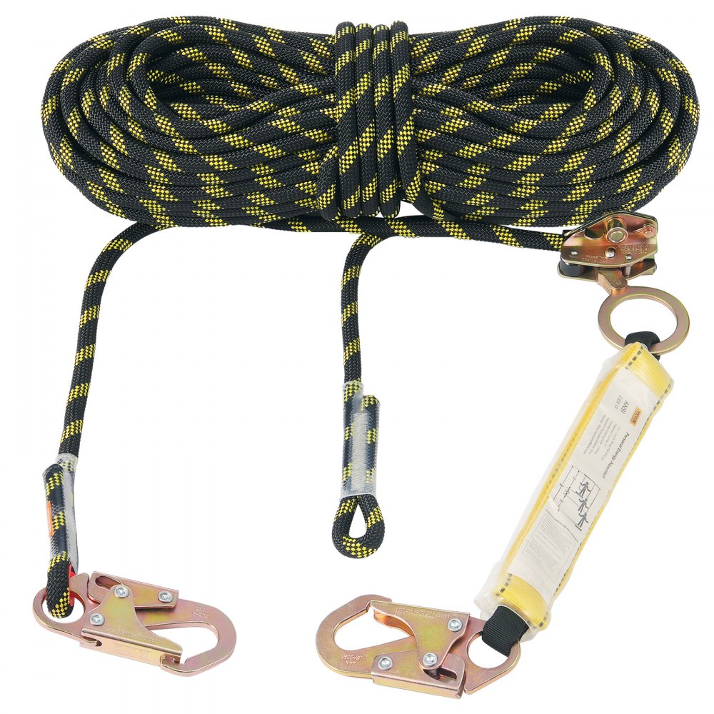 VEVOR Vertical Lifeline, 150ft (45.7m) Outdoor Climbing Rope 30KN Breaking Tension, Static Rock Climbing Rope with Steel Snap Hooks and Rope Grap, for Escape, Outdoor Adventures, and Lumbering, Black & Yellow