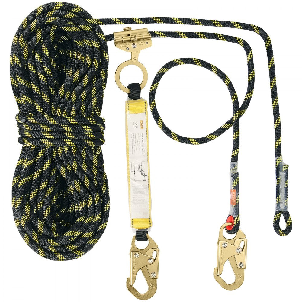 VEVOR Vertical Lifeline, 150ft (45.7m) Outdoor Climbing Rope 30KN Breaking Tension, Static Rock Climbing Rope with Steel Snap Hooks and Rope Grap, for Escape, Outdoor Adventures, and Lumbering, Black & Yellow