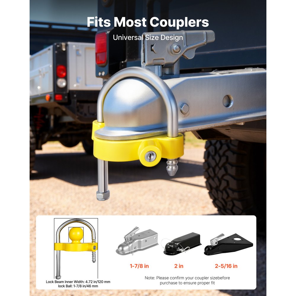 VEVOR Trailer Hitch Lock Kit, Fits for 1-7/8 in, 2 in, 2-5/16 in Couplers, Heavy-Duty Anti-Theft Trailer Ball Lock with Keys, Prying-Resistant, Adjustable Height Design for RVs, Boats, Trailers
