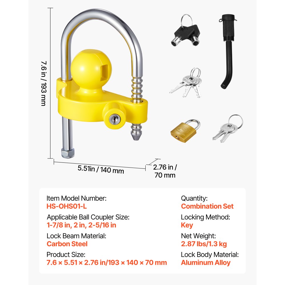VEVOR Trailer Hitch Lock Kit, Fits for 1-7/8 in, 2 in, 2-5/16 in Couplers, Heavy-Duty Anti-Theft Trailer Ball Lock with Keys, Prying-Resistant, Adjustable Height Design for RVs, Boats, Trailers