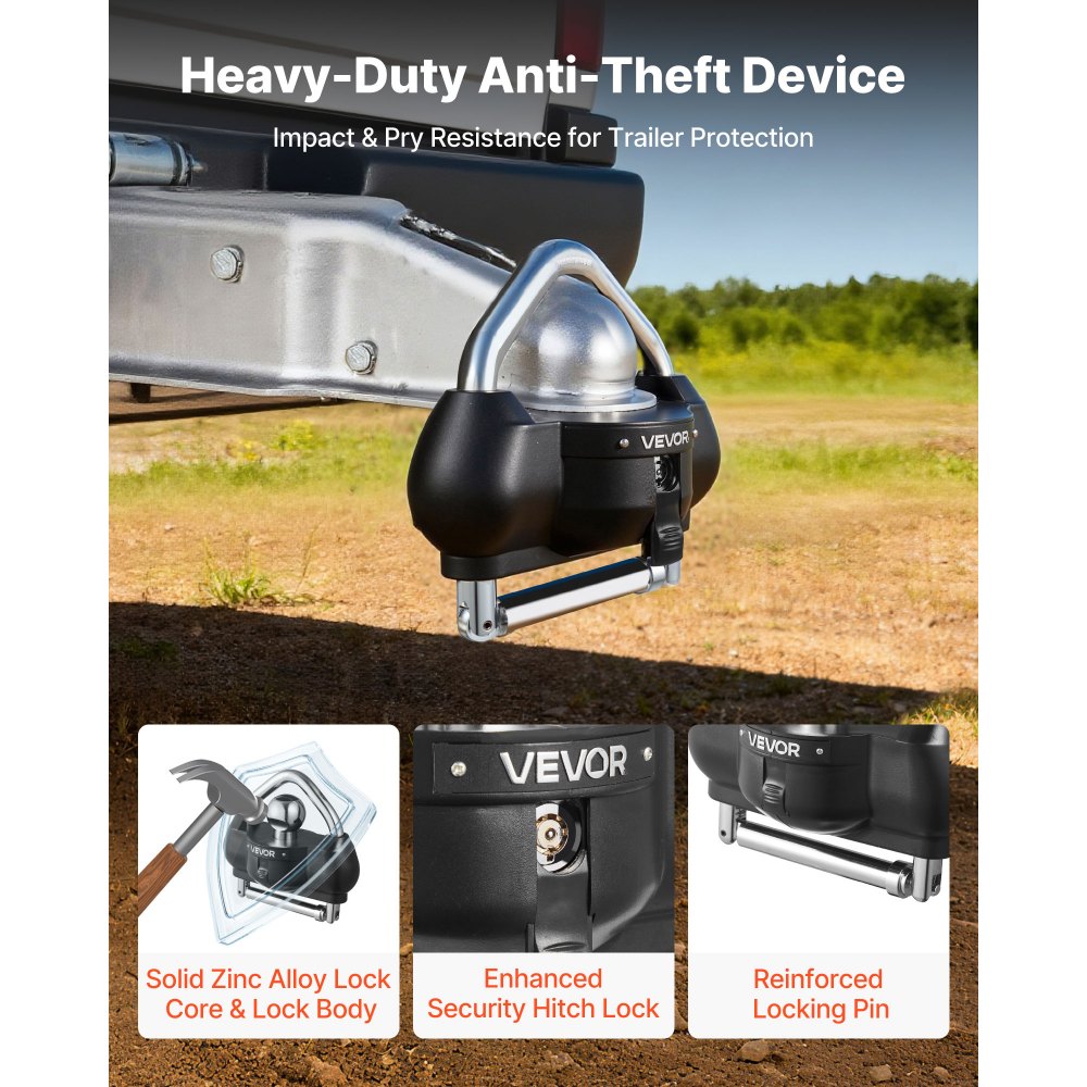 VEVOR Trailer Hitch Lock, Fits for 1-7/8 in, 2 in, 2-5/16 in Couplers, Heavy-Duty Anti-Theft Trailer Ball Lock with 3 Keys, Prying-Resistant, Adjustable Height Design for RVs, Boats, Trailers, Black