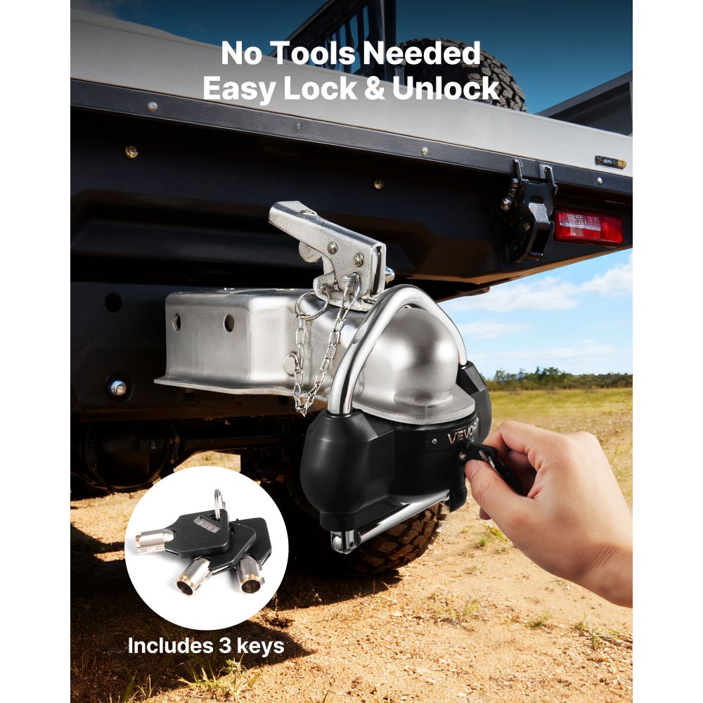 VEVOR Trailer Hitch Lock, Fits for 1-7/8 in, 2 in, 2-5/16 in Couplers, Heavy-Duty Anti-Theft Trailer Ball Lock with 3 Keys, Prying-Resistant, Adjustable Height Design for RVs, Boats, Trailers, Black