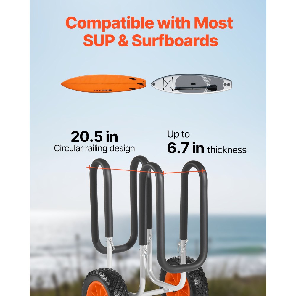 VEVOR Kayak Cart, 150 lbs Load Capacity, Stand Up Paddle Board Trolley with 10-inch Solid Rubber Tires & Kickstands, Paddle Board Carrier with Ratchet Strap for Paddleboard & Surfboard Transport
