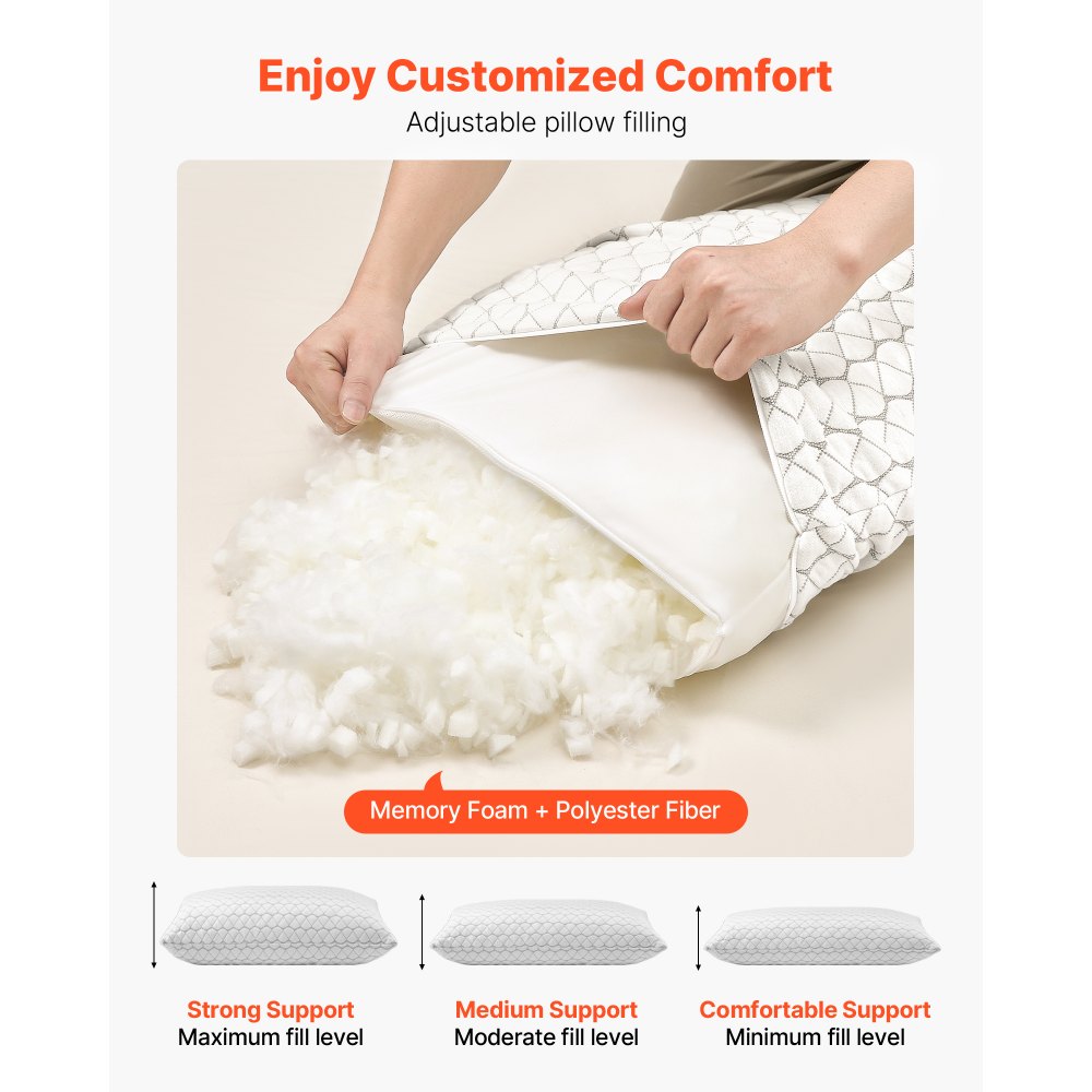 VEVOR Bed Pillow for Sleeping, Queen Size Luxury Quality Hotel Pillow with Memory Foam Fill, Supportive & Adjustable, Includes Natural Firber Pillowcase, Bedding for Back, Stomach and Side Sleepers