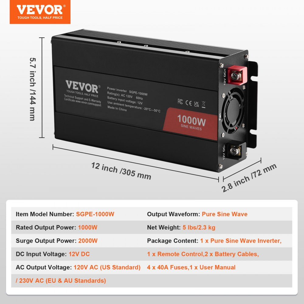 VEVOR Sine Wave Converter, 1000W, DC 12V to AC 120V, with Dual AC Sockets, 1 USB, 1 Type-C, Remote Operation for Portable Electronics, CE FCC Approved