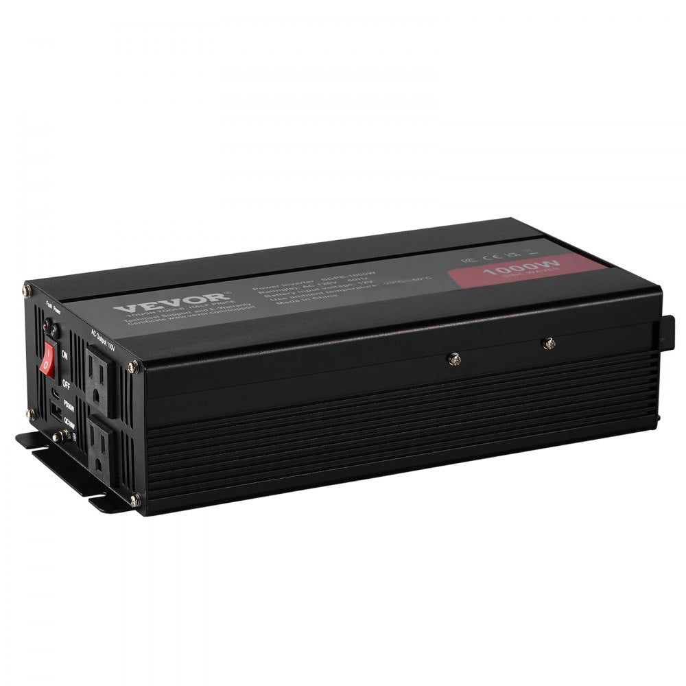 VEVOR Sine Wave Converter, 1000W, DC 12V to AC 120V, with Dual AC Sockets, 1 USB, 1 Type-C, Remote Operation for Portable Electronics, CE FCC Approved