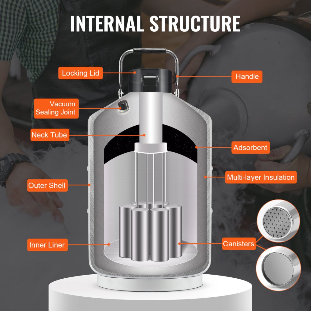 VEVOR Liquid Nitrogen Tank, 3 L Aluminum Alloy Liquid Nitrogen Container, LN2 Tank Dewar with 6 Canisters and Carry Bag with Straps, Cryogenic Tank for Beauty Industry, Semen Preservation, Scientific