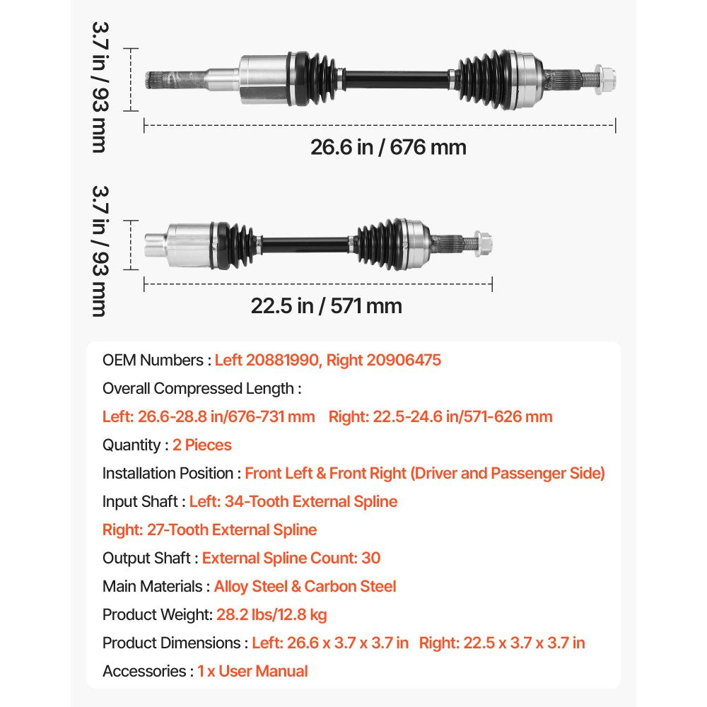 VEVOR CV Axle Shaft Assembly, 2 Pieces Front Left & Right (Driver and Passenger Side), Automotive Replacement Joint Axles Pair Compatible with 2010-2017 Chevrolet Equinox, Alloy Steel & Carbon Steel
