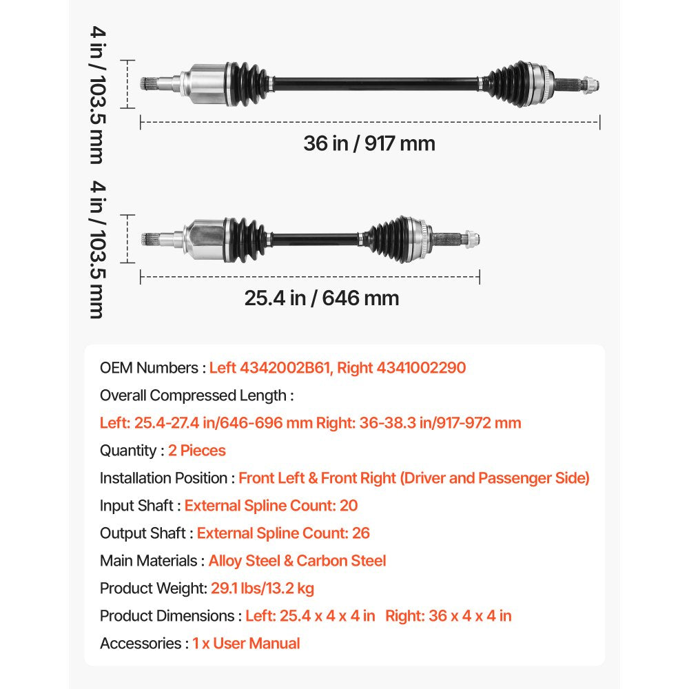 VEVOR CV Axle Shaft Assembly, 2 Pieces Front Left & Right (Driver and Passenger Side), Automotive Replacement CV Joint Axles Pair Compatible with 2009-2018 Toyota Corolla, Alloy Steel & Carbon Steel