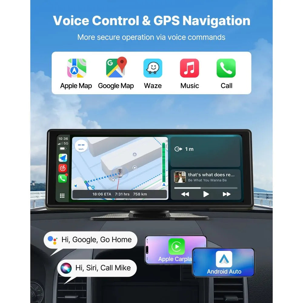 VEVOR Wireless Car Stereo, 10-Inch HD Portable Radio Touch Screen Compatible with Apple CarPlay and Android Auto, CarPlay Screen for Car with Voice Control, Mirror Link, Bluetooth, GPS Navigation
