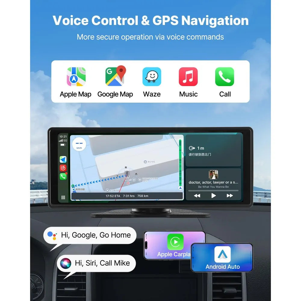 VEVOR Wireless Car Stereo, 10-Inch HD Portable Radio Touch Screen with Apple CarPlay and Android Auto, CarPlay Screen with Front & Backup Cameras, Voice Control, Mirror Link, Bluetooth, GPS Navigation