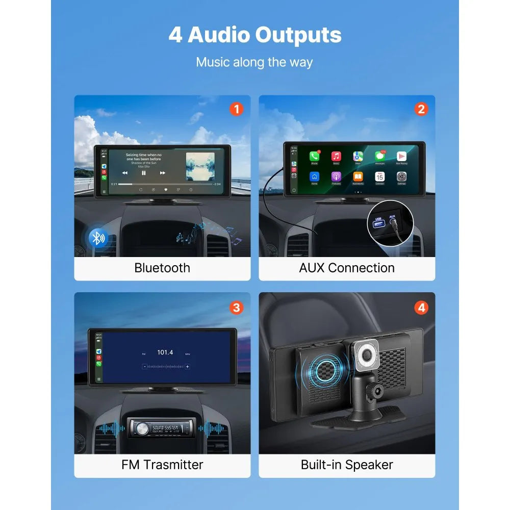 VEVOR Wireless Car Stereo, 10-Inch HD Portable Radio Touch Screen with Apple CarPlay and Android Auto, CarPlay Screen with Front & Backup Cameras, Voice Control, Mirror Link, Bluetooth, GPS Navigation