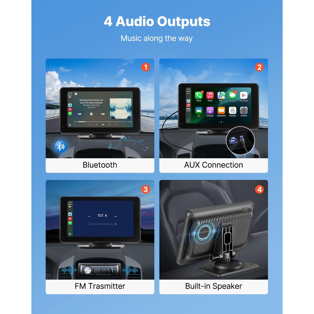 VEVOR Wireless Car Stereo, 7-Inch HD Portable Radio Touch Screen Compatible with Apple CarPlay & Android Auto, CarPlay Screen with Backup Camera, Voice Control, Mirror Link, Bluetooth, GPS Navigation