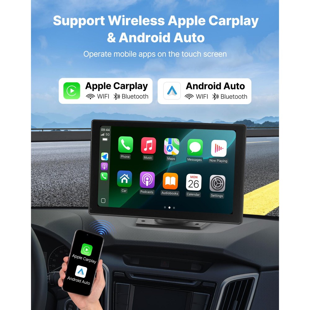 VEVOR Wireless Car Stereo, 9-Inch HD Portable Radio Touch Screen Compatible with Apple CarPlay & Android Auto, CarPlay Screen with Backup Camera, Voice Control, Mirror Link, Bluetooth, GPS Navigation