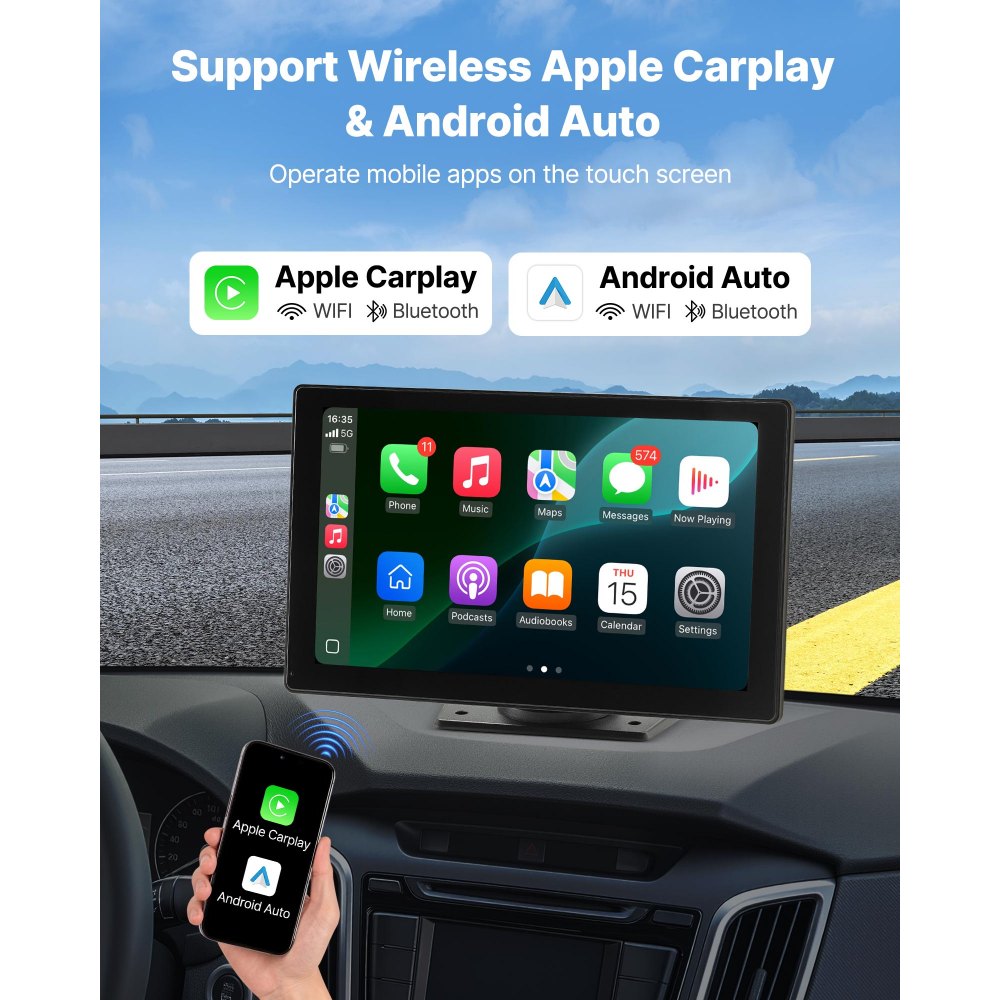 VEVOR Wireless Car Stereo, 9-Inch HD Portable Radio Touch Screen with Apple CarPlay and Android Auto, CarPlay Screen with Front & Backup Cameras, Voice Control, Mirror Link, Bluetooth, GPS Navigation