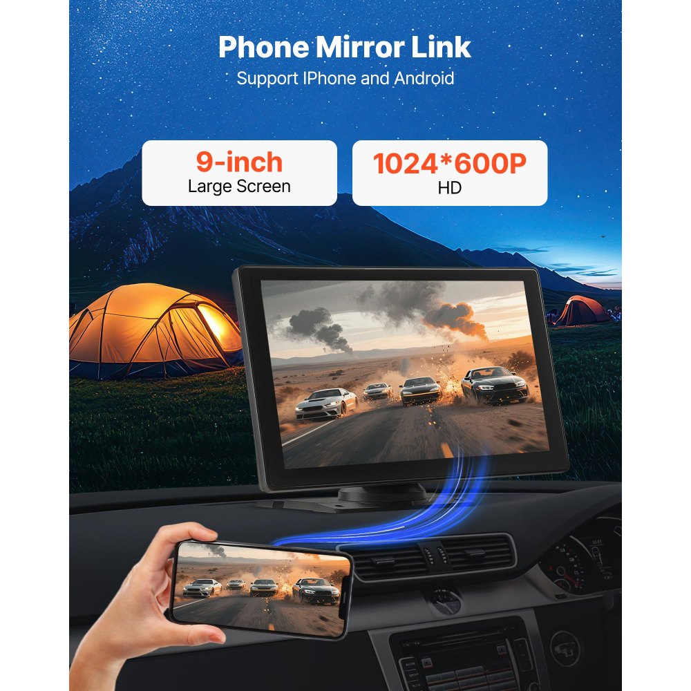 VEVOR Wireless Car Stereo, 9-Inch HD Portable Radio Touch Screen with Apple CarPlay and Android Auto, CarPlay Screen with Front & Backup Cameras, Voice Control, Mirror Link, Bluetooth, GPS Navigation