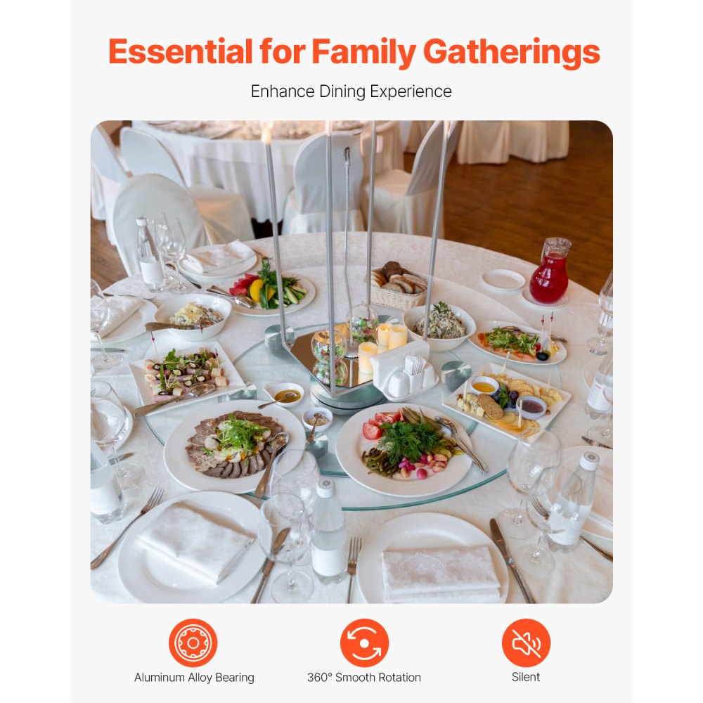 VEVOR 24 in Glass Lazy Susan Turntable, Tempered Glass Dining Table Centerpiece with 6 Rotating Wheels, 360° Smooth and Silent Spin Tabletop Rotating Tray, for Family Gatherings, Banquets & Weddings