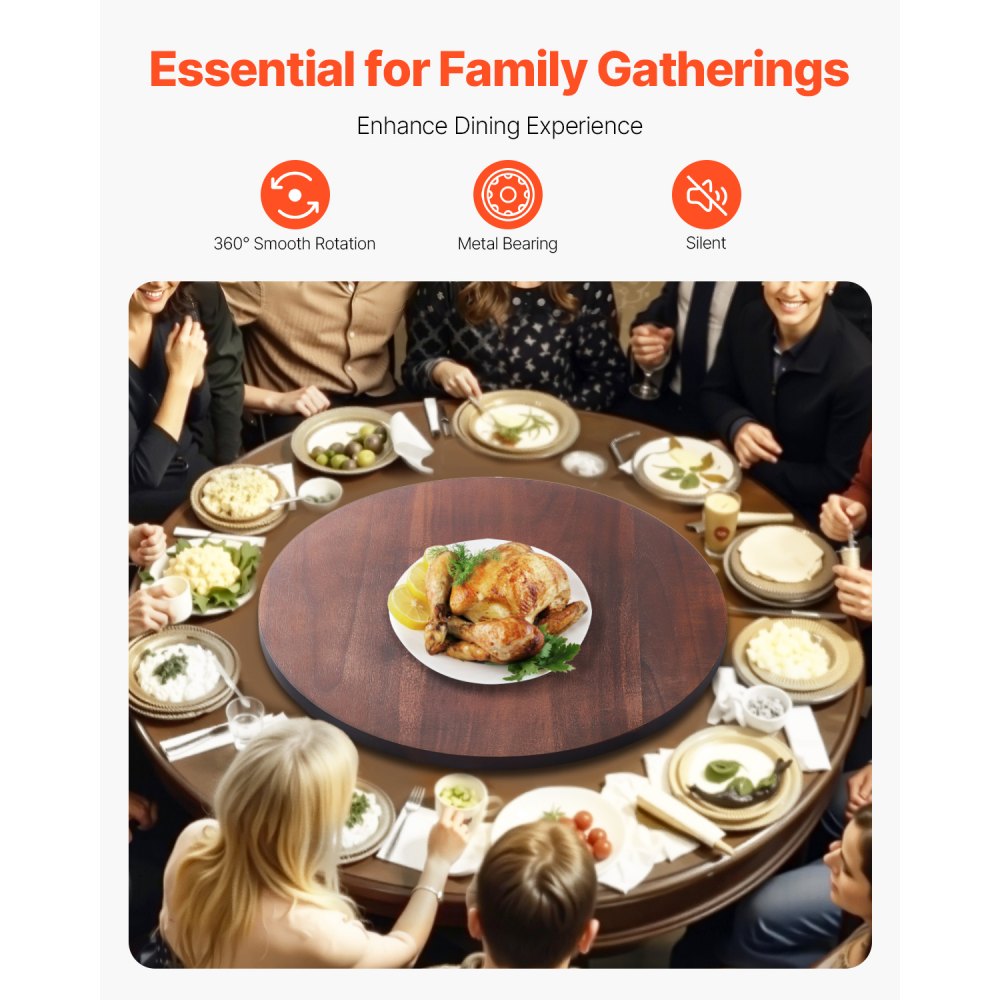 VEVOR 24 in Wood Lazy Susan Turntable, 360° Rotation Round Clear Tabletop Rotating Tray, Acacia Wood Dining Table Centerpiece, Smooth and Silent Spin, for Family Gatherings, Banquets and Weddings