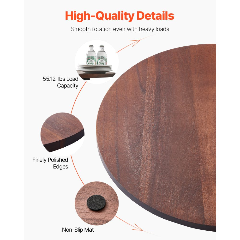 VEVOR 24 in Wood Lazy Susan Turntable, 360° Rotation Round Clear Tabletop Rotating Tray, Acacia Wood Dining Table Centerpiece, Smooth and Silent Spin, for Family Gatherings, Banquets and Weddings