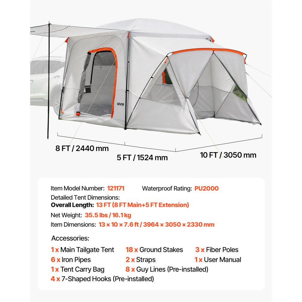 VEVOR SUV Camping Tent for 5-9 Person, 13 x 10 FT 3-Season SUV Tailgate Tent with Ventilated Windows, PU2000mm Waterproof Dual-Use Car Rear Hatch Tents for Outdoor Hiking Travels