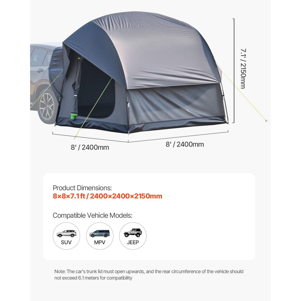 VEVOR SUV Tent for Camping, 8FT L x 8FT W, Waterproof PU2000mm Spacious Double Layer Design for 5-8 Person, SUV Camping Tent with Mesh Windows, Includes Rainfly & Storage Bag, for Outdoor Activities