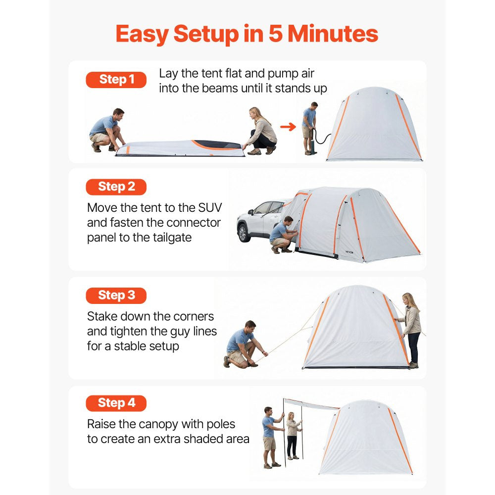 VEVOR Inflatable SUV Tent with Awning, 8 x 6.7 ft 3-Season SUV Tailgate Tent with Ventilated Doors & Mesh Window, PU2000mm Waterproof Car Rear Hatch Tents for Outdoor Camping - Air Pump Included