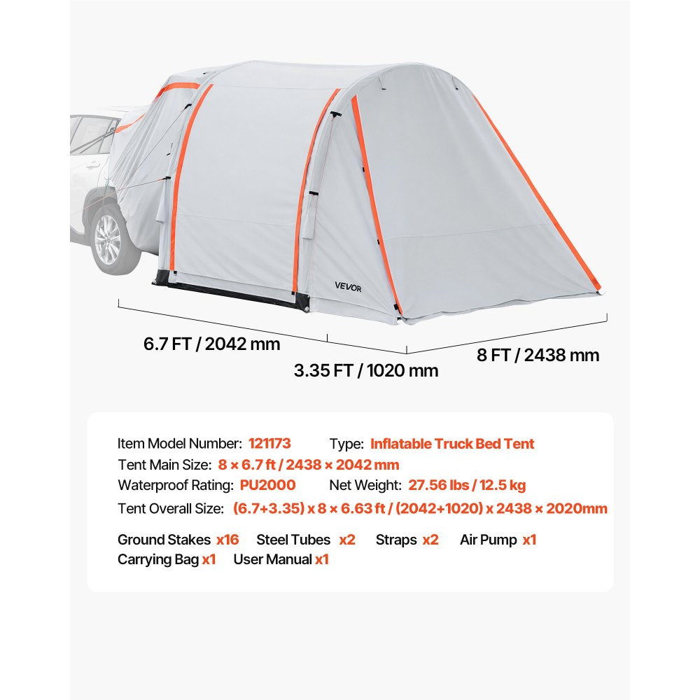 VEVOR Inflatable SUV Tent with Awning, 8 x 6.7 ft 3-Season SUV Tailgate Tent with Ventilated Doors & Mesh Window, PU2000mm Waterproof Car Rear Hatch Tents for Outdoor Camping - Air Pump Included