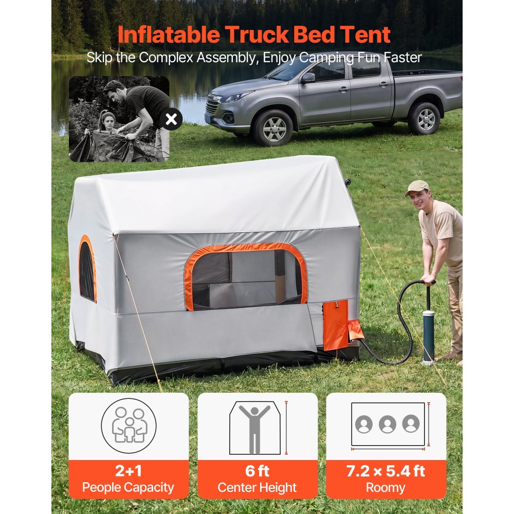 VEVOR Inflatable Pickup Truck Tent, 7.2 x 5.4 FT 3-Season Truck Bed Tent with Ventilated Mesh Windows, PU2000mm Waterproof Pickup Camping Tents for Outdoor Hiking Activities - Air Pump Included