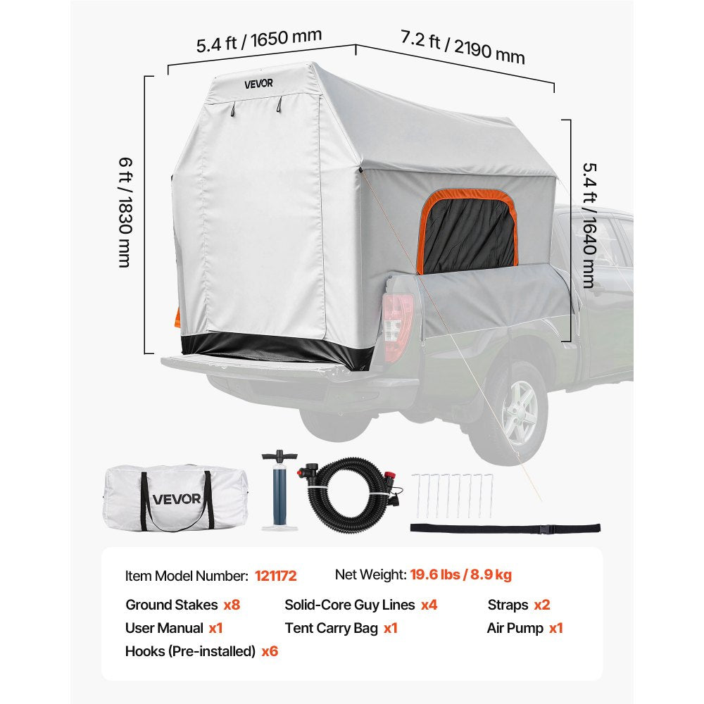 VEVOR Inflatable Pickup Truck Tent, 7.2 x 5.4 FT 3-Season Truck Bed Tent with Ventilated Mesh Windows, PU2000mm Waterproof Pickup Camping Tents for Outdoor Hiking Activities - Air Pump Included