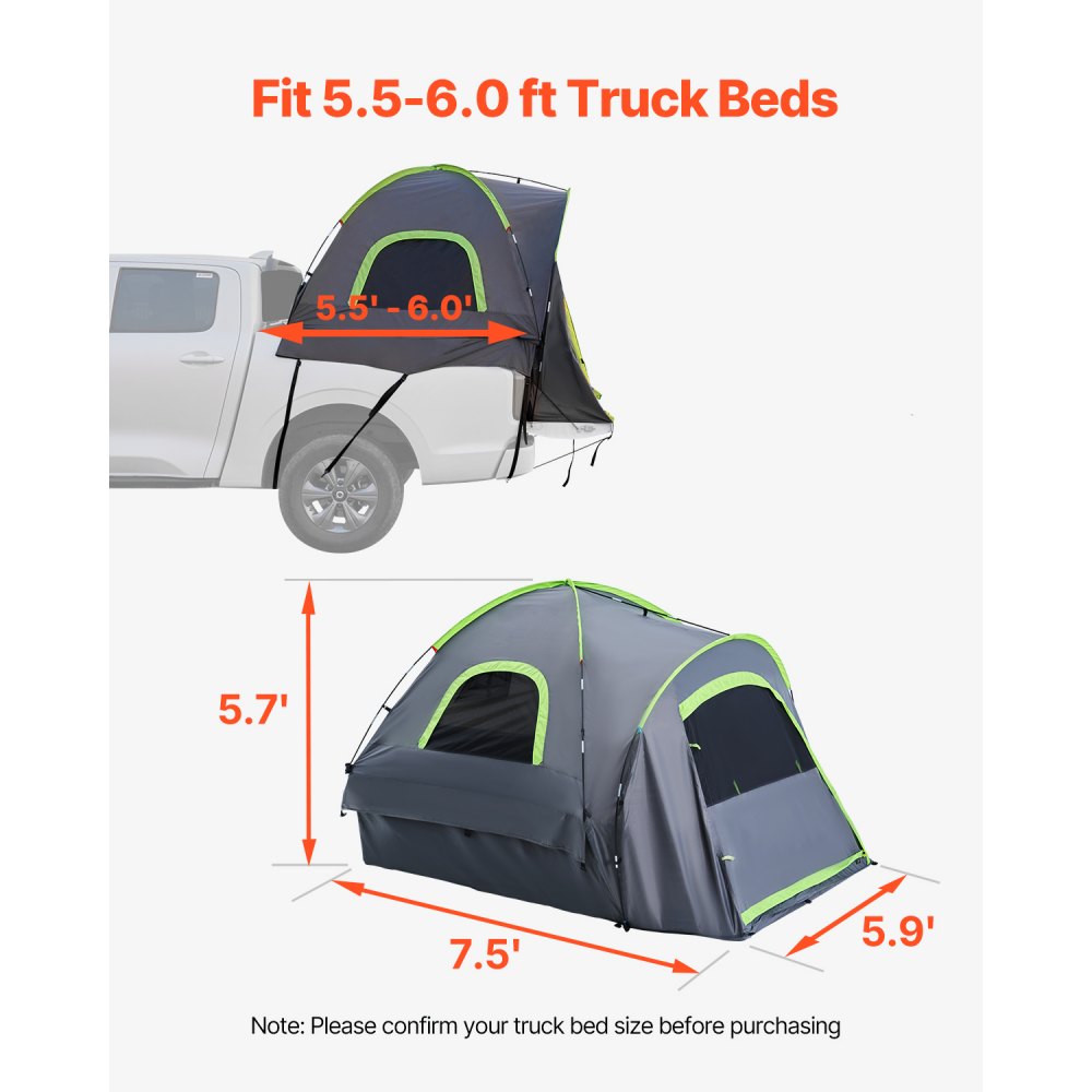 VEVOR Pickup Truck Tent, Fit 5.5-6.0 ft Truck Tents for Camping, Waterproof PU2000mm 2-3 Person Sleeping Truck Bed Tent with Double Layer Design Windows, Sturdy Truck Bed Camper Shell with Storage Bag