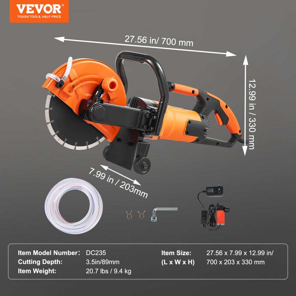VEVOR Electric Concrete Saw, 9 in, 1800 W Motor Circular Saw Cutter with 3.5 in Cutting Depth, Wet/Dry Disk Saw Cutter Includes Water Line, Pump and Blade, for Stone, Brick