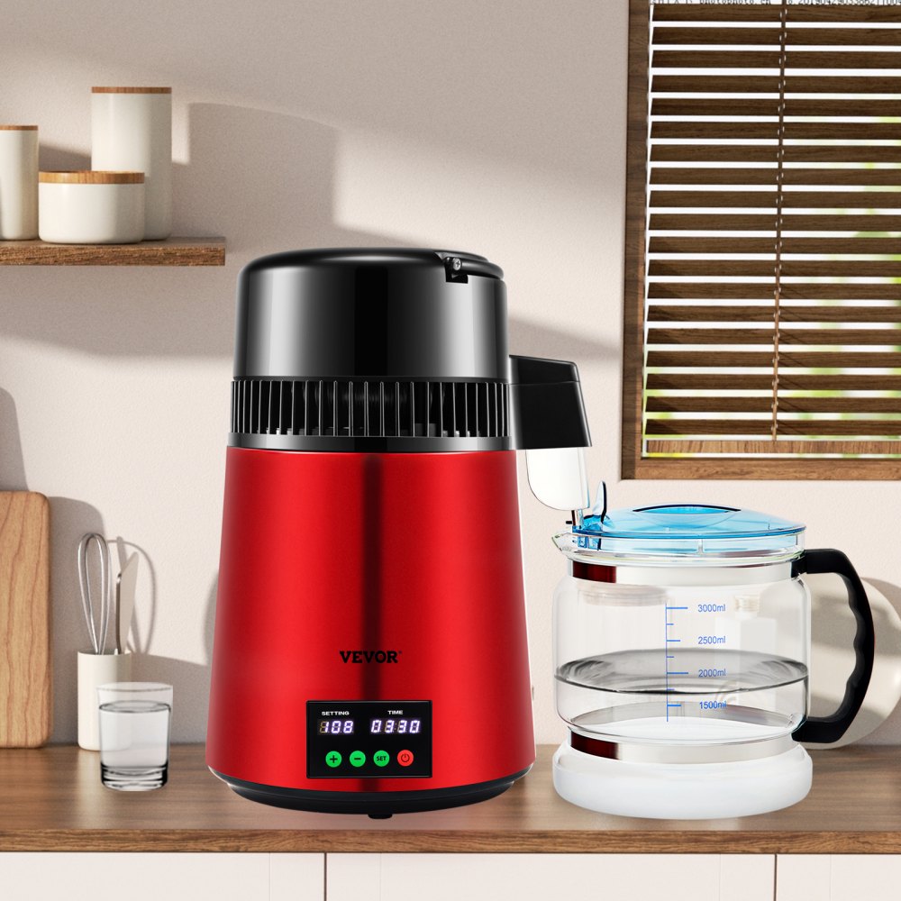 VEVOR 1.1Gal Water Distiller, 0.3Gal/H, 750W Distilled Water Maker Machine 0-99H Timing Setting Temp Display, 304 Stainless Steel Countertop Distiller Glass Carafe Cleaning Powder 3 Carbon Packs, Red