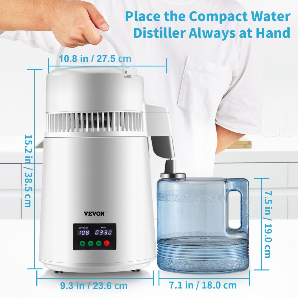 VEVOR 1.1Gal Water Distiller, 0.3Gal/H, 750W Distilled Water Maker Machine 0-99H Timing Set Temp Display, 304 Stainless Steel Countertop Distiller Plastic Carafe Cleaning Powder 3 Carbon Packs, White