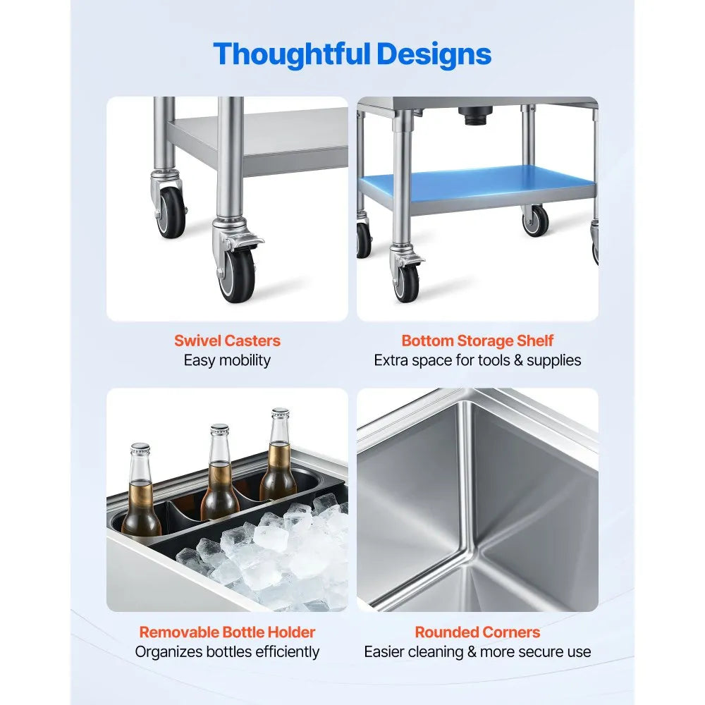 VEVOR Commercial Ice Bin, 65.1 Qt Max Capacity, 24 x 19 x 35 Inch Stainless Steel Ice Chest with Sliding Lid and Bottle Holders, Cooler Cart Cocktail Unit for Bar Restaurant Pub, NSF Certified