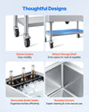 VEVOR ice bin design highlights: casters, storage shelf, bottle holders, rounded corners