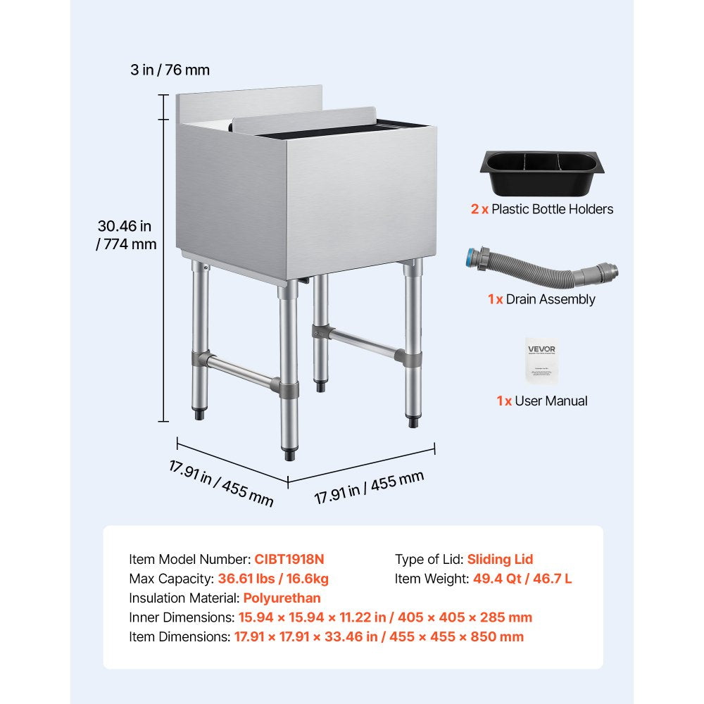 VEVOR Commercial Ice Bin, 49.4 Qt Max Capacity, 18 x 18 x 33 Inch Stainless Steel Ice Chest with Sliding Lid and Bottle Holders, Cooler Cart Cocktail Unit for Bar Restaurant Pub, NSF Certified