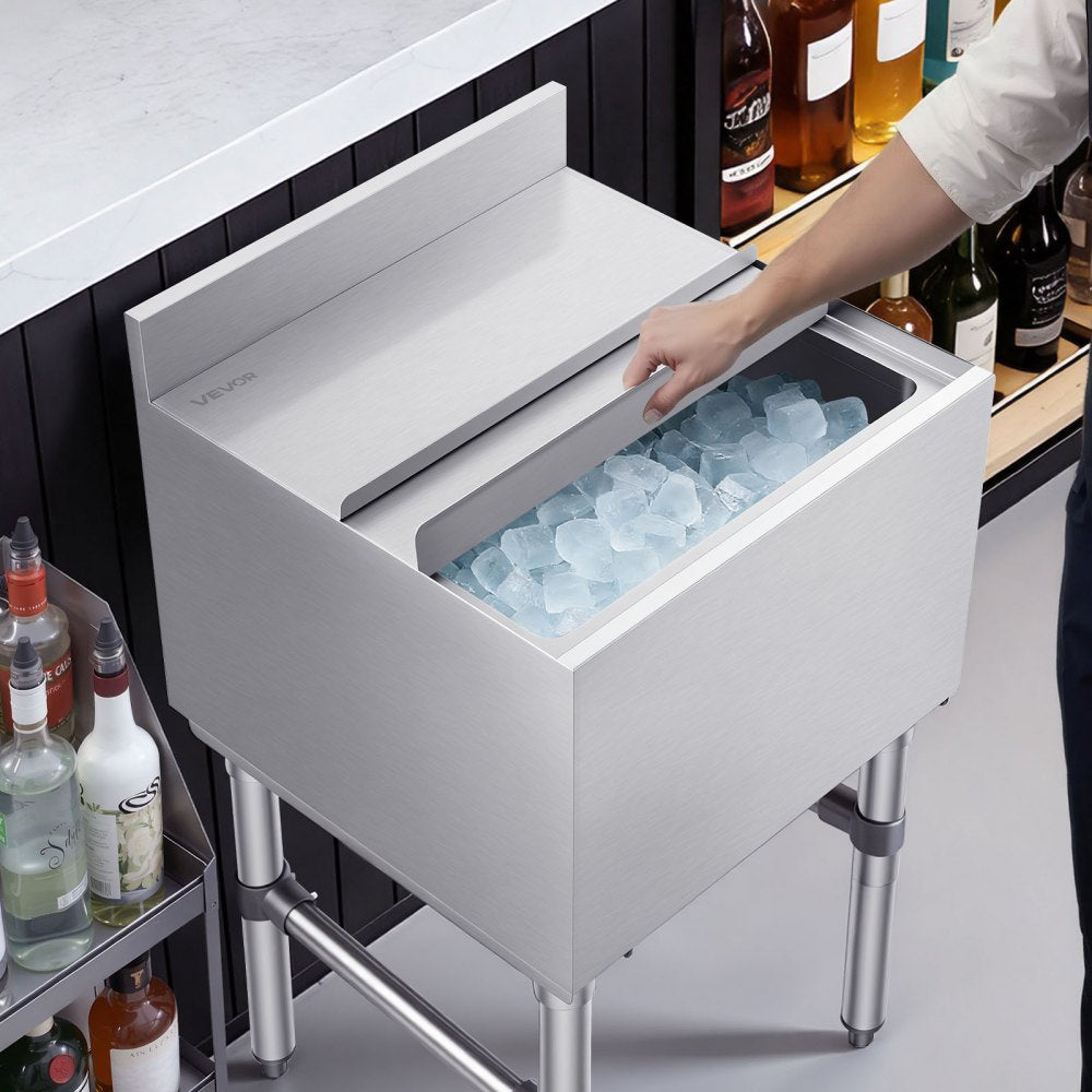 VEVOR Commercial Ice Bin, 49.4 Qt Max Capacity, 18 x 18 x 33 Inch Stainless Steel Ice Chest with Sliding Lid and Bottle Holders, Cooler Cart Cocktail Unit for Bar Restaurant Pub, NSF Certified
