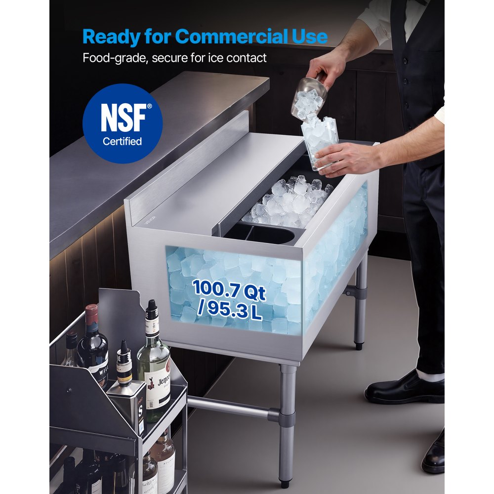 VEVOR Commercial Ice Bin, 100.7 Qt Max Capacity, 36 x 19 x 33 Inch Stainless Steel Ice Chest with Sliding Lid and Bottle Holders, Cooler Cart Cocktail Unit for Bar Restaurant Pub, NSF Certified