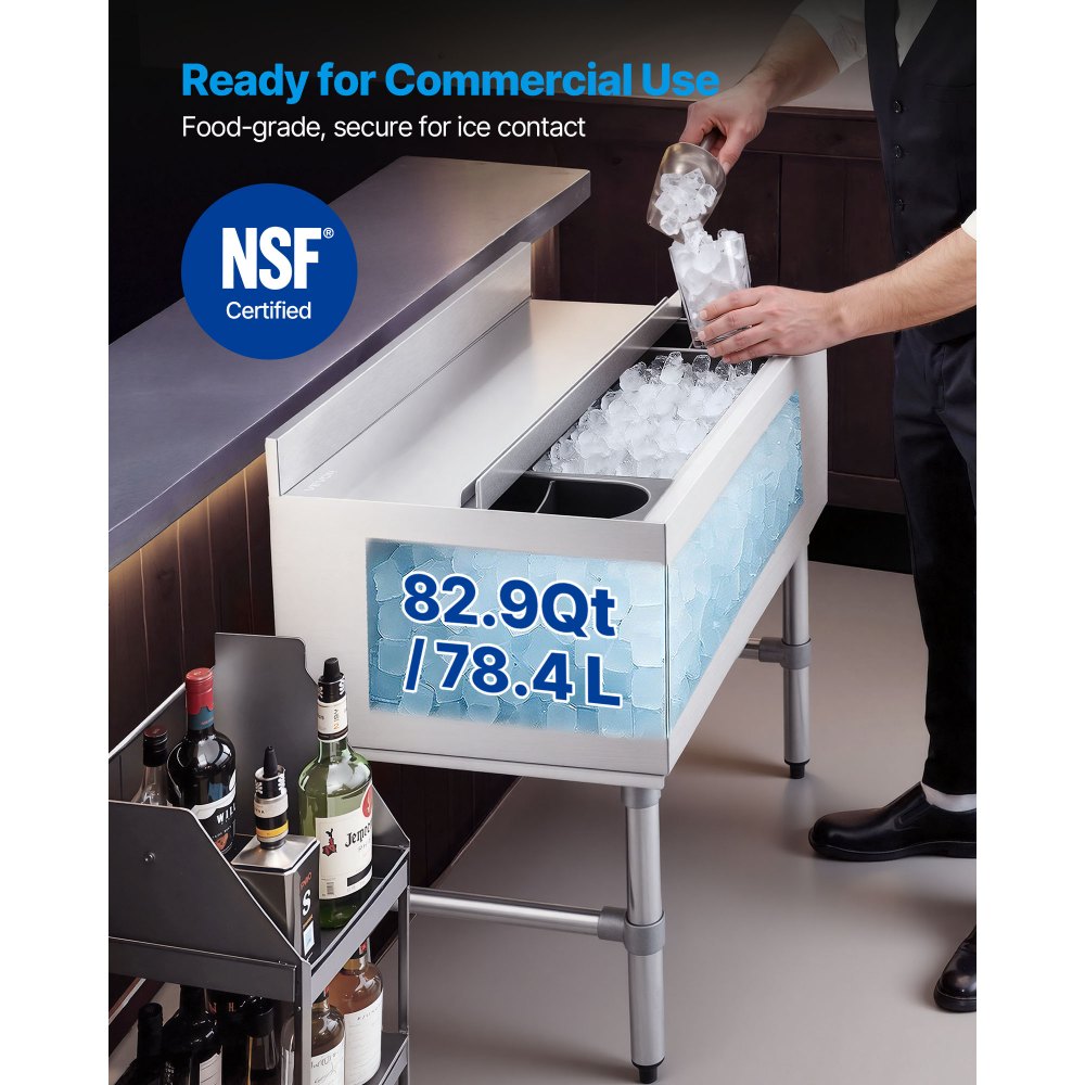 VEVOR Commercial Ice Bin, 82.9 Qt Max Capacity, 30 x 19 x 33 Inch Stainless Steel Ice Chest with Sliding Lid and Bottle Holders, Cooler Cart Cocktail Unit for Bar Restaurant Pub, NSF Certified